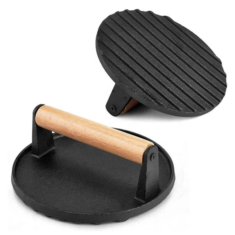 Wooden Handle Round Grill Press Cast Iron Grill Meat Press Maker Smash Burger Press