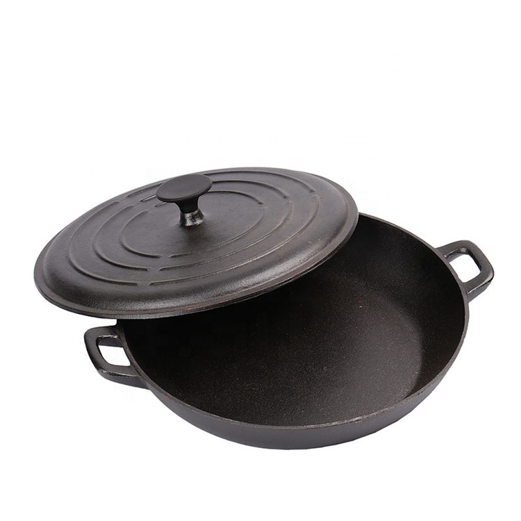 Amazon Hot Selling Cookware 30CM Black Cast Iron Shallow Casserole Seafood Pot Pan with Cover
