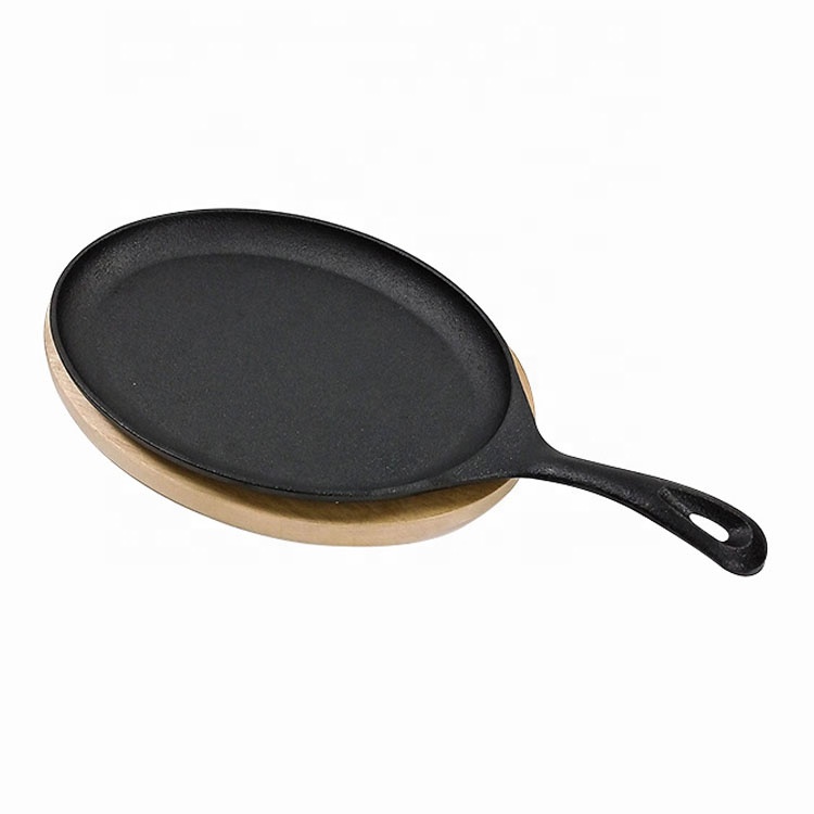 CAST IRON FAJITA PLATE SIZZLER PAN WITH WOODEN BASE SERVING PAN