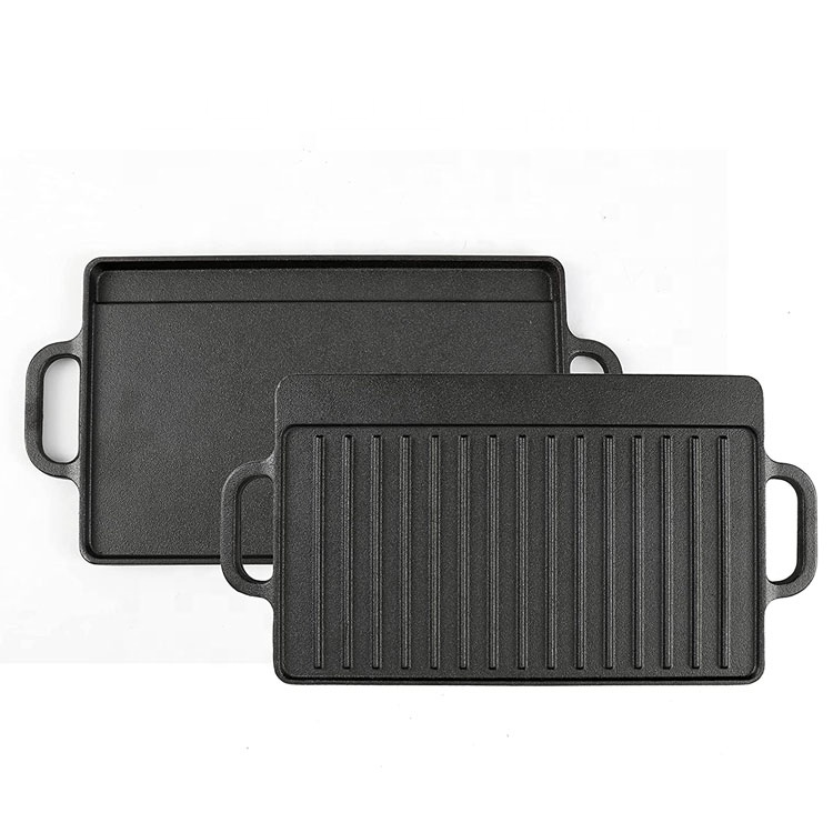 CAST IRON LARGE 2 SIDED GRIDDLE, FLAT AND RIBBED DOUBLE-SIDE TO USE, NON-STICK GRIDDLE PALTE TOP OUTDOOR COOKING
