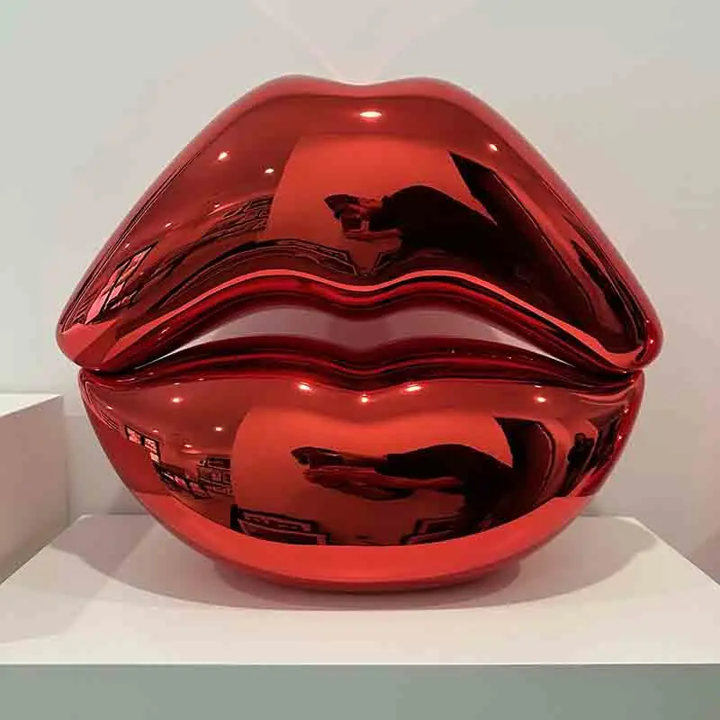 Custom Abstract Art Decoration Stainless Steel Red Lips Sculpture Mirror Polished Metal Mouth Statue