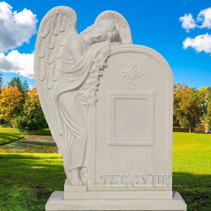 White Marble Sad Angel Statue Stone Tombstone For Cemetery