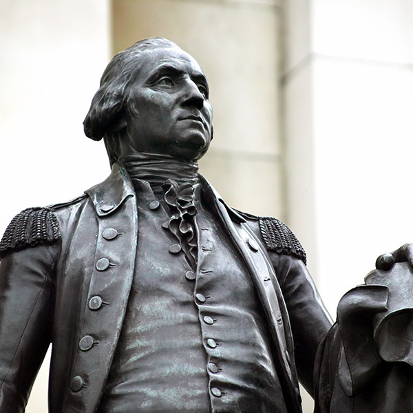 George Washington statue erected outside The National Gallery in Trafalgar Square, London, England, UK, presented by 'The Commonwealth Of Virginia’ in 1921, this is a duplicate, the original being in Richmond Virginia