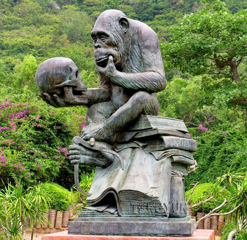 Outdoor Decorative Life Size Bronze Monkey Sculpture Sitting On Books With Skull (2)