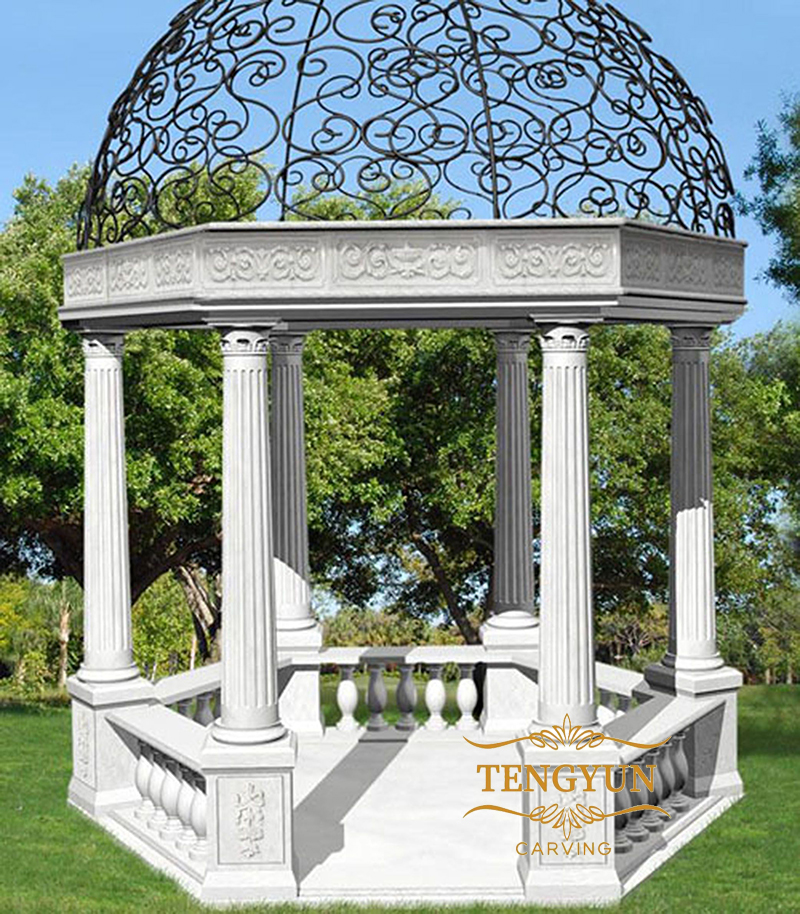 Custom made white marble gazebo with metal roof (2)