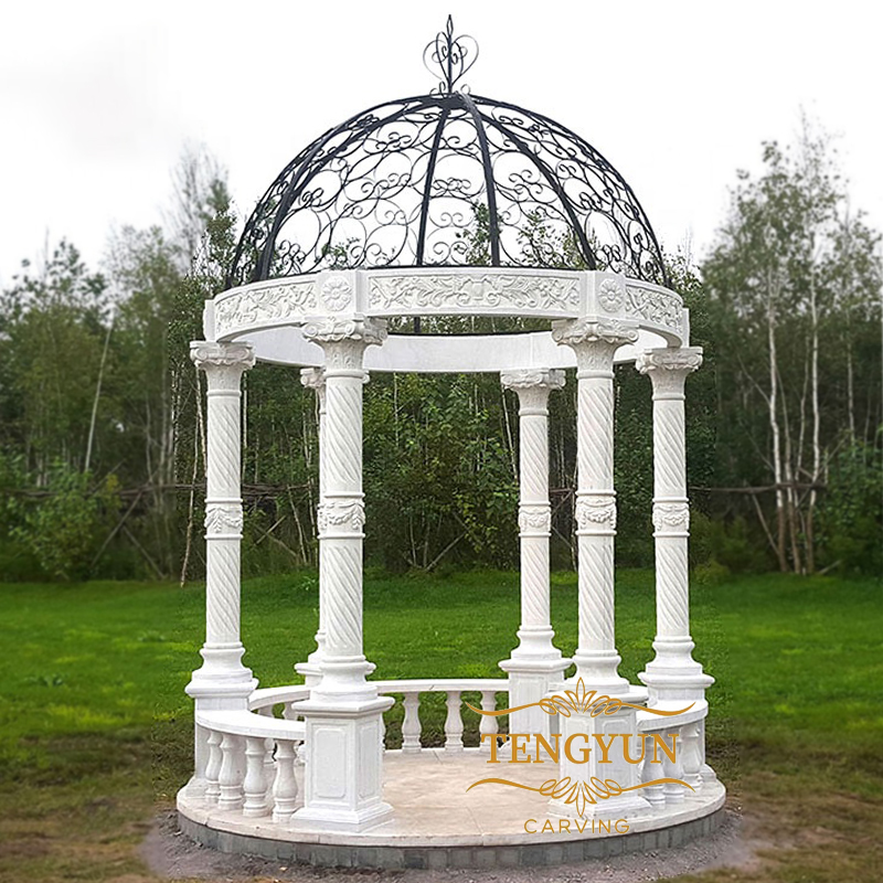 Custom made white marble gazebo with metal roof (4)