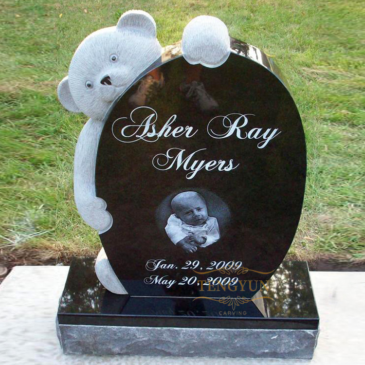 Hear shape headstone designs with little bear carving black granite baby headstones (1)