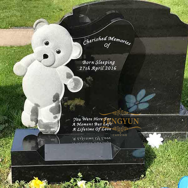 Hear shape headstone designs with little bear carving black granite baby headstones (2)