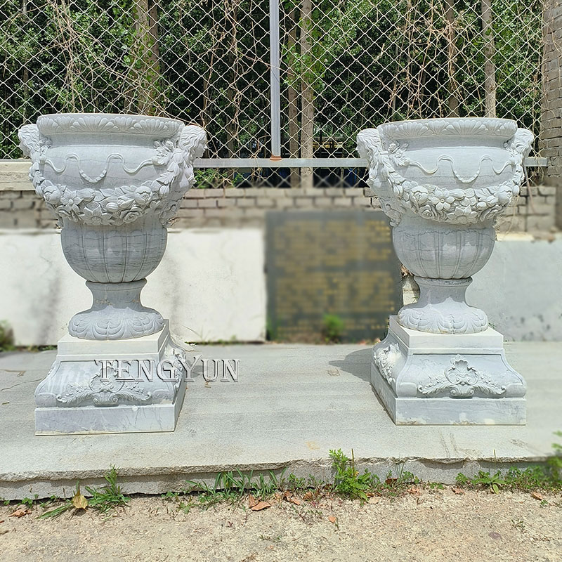 Grey marble carved pair of stone flower pots (1)