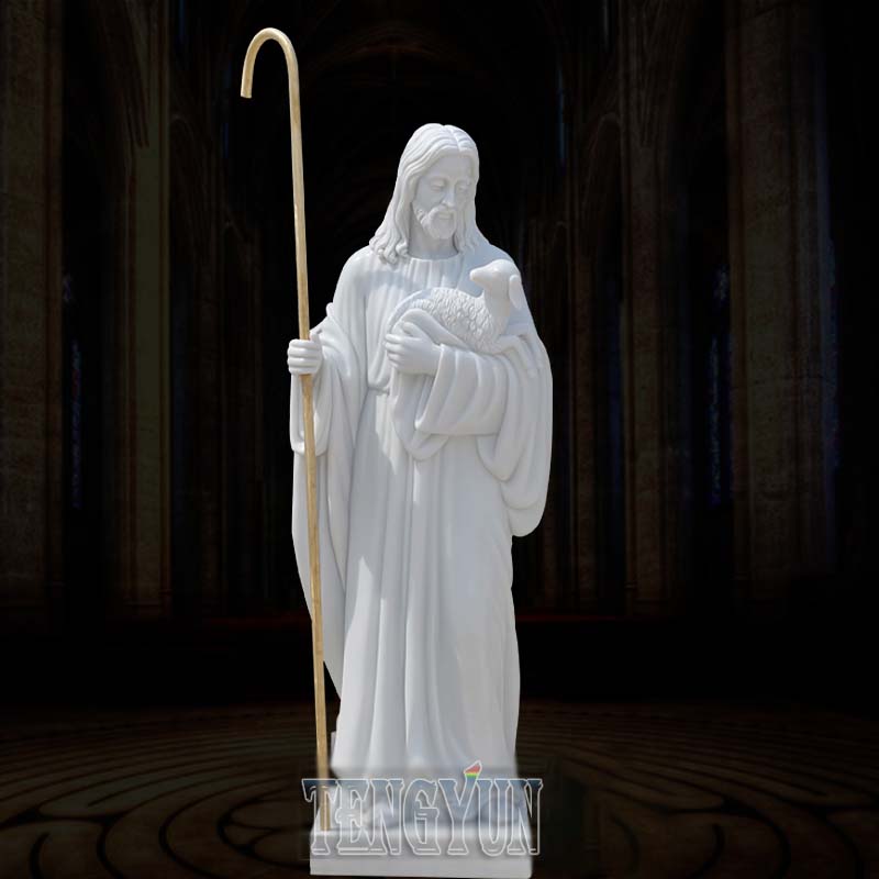 Garden Decorative Outdoor White Marble Jesus Goats Sheep Life Size Stone Sculpture (1)