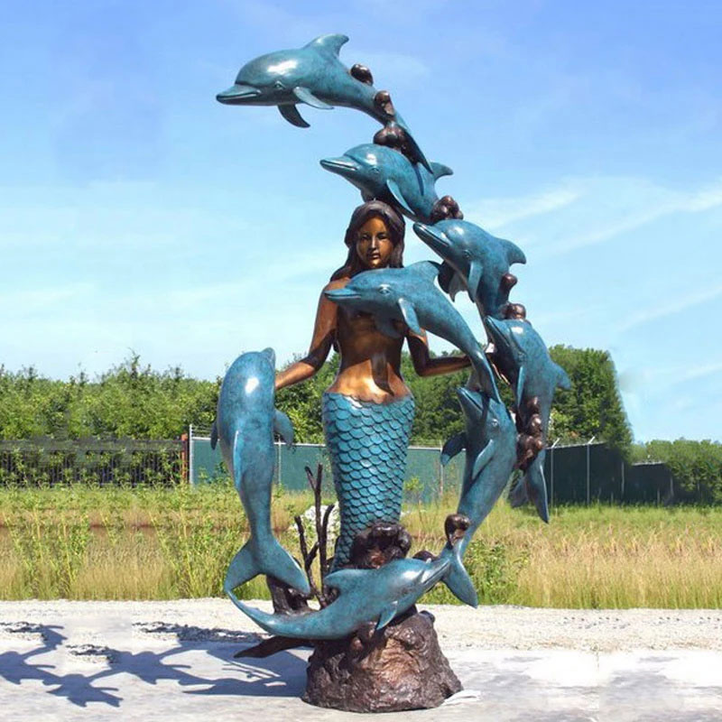 bronze mermaid statue with dolphin sculpture (2)