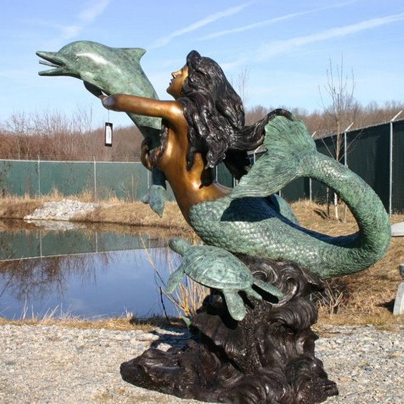 bronze mermaid statue with dolphin sculpture (3)