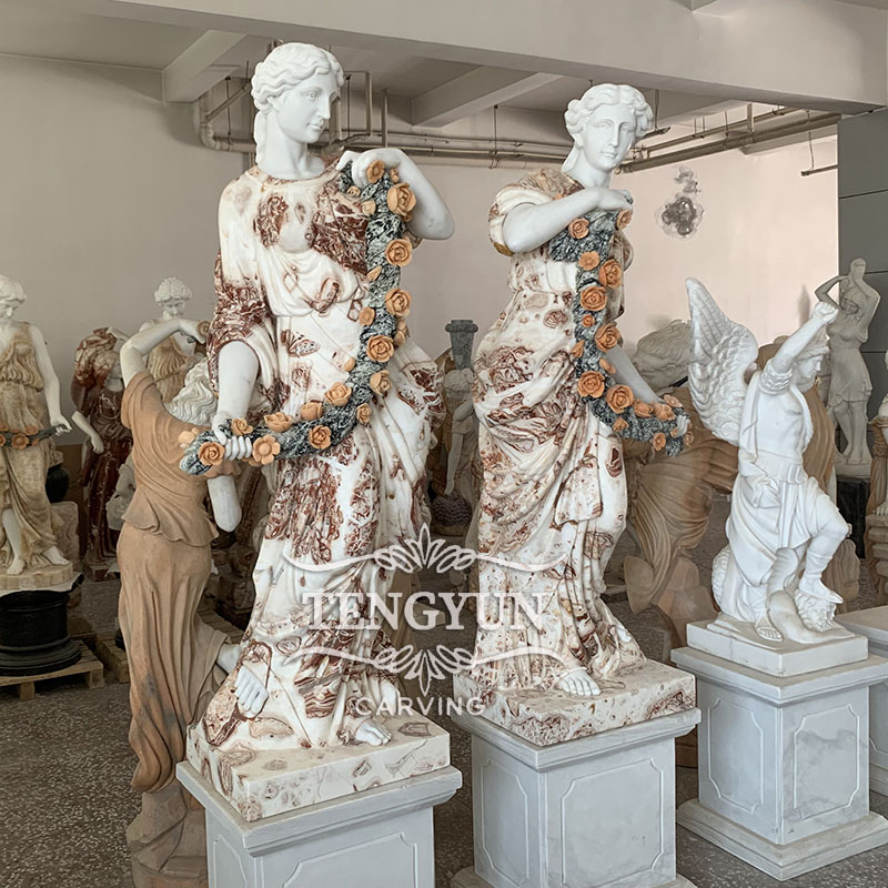 Garden outdoor decor natural marble flower lady statue hand carved mix marble female figure sculpture (2)