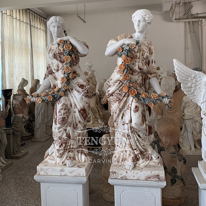 Garden outdoor decor natural marble flower lady statue hand carved mix marble female figure sculpture (3)