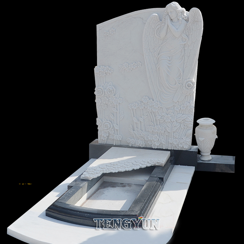 White marble carved relief angel statue tombstone (5)