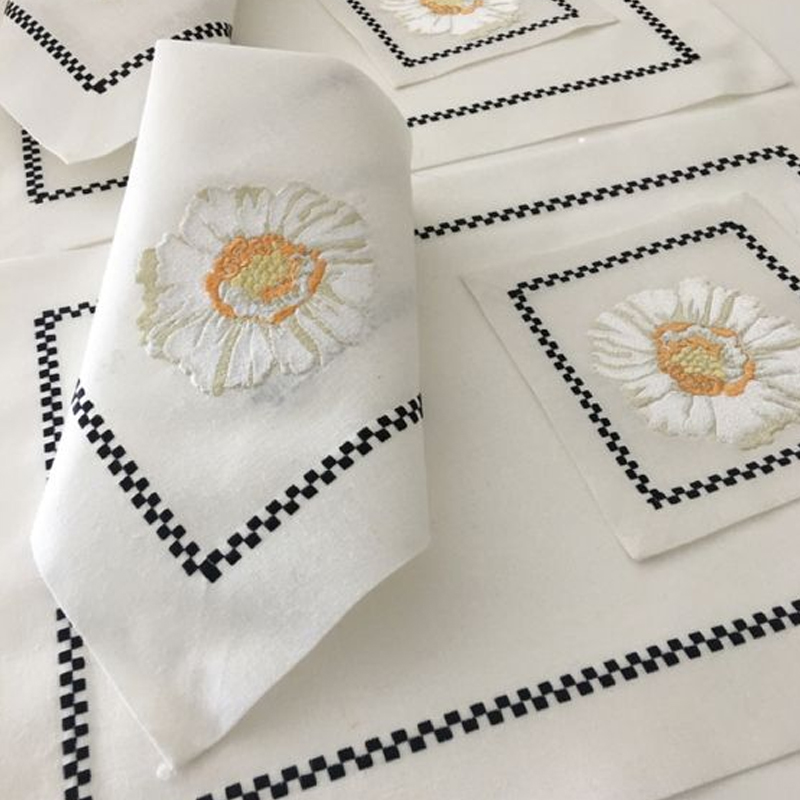 Dinner Restaurant Hemstitch Handkerchief Cloth Embroider Monogram White Linen Fabric Table Napkin
