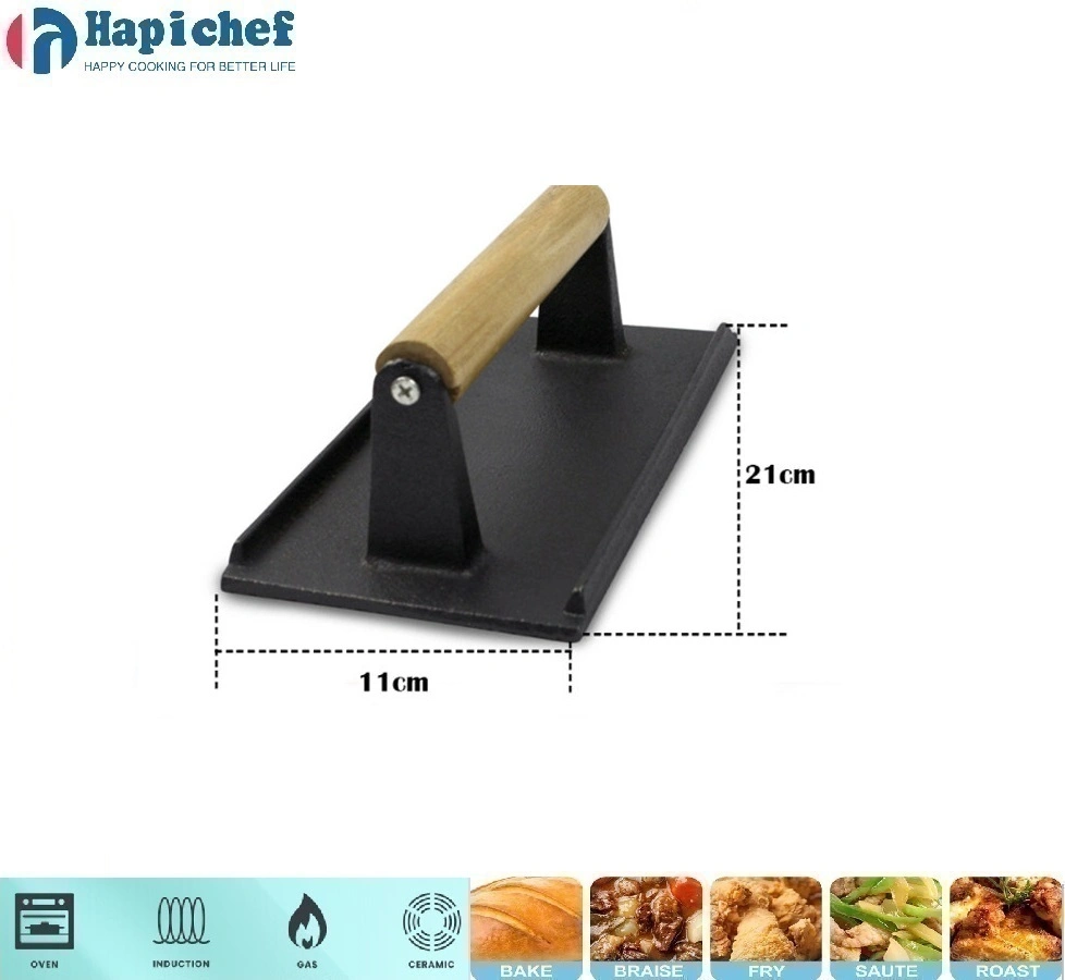 Lodge enameled cast iron oven ហូឡង់ High Quality BBQ Cast Iron Rectangle Steak Meat Press Grill Press with Wooden Handle