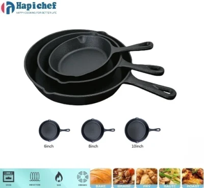 Amazon Best Sell 6 8 10 Inch Pre-Seasoned Cast Iron Skillet Outdoor Skillet Pan 3PCS Cast Iron Frying Pan, Cast Iron Cookware, Cast Iron Casserole