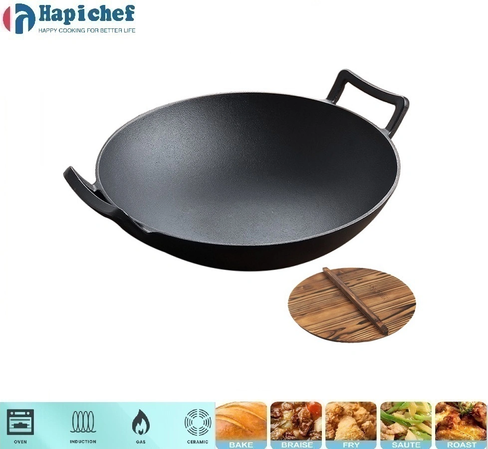 cast iron pot set factories Wood Lid Fully Seasoned Frying Restaurant Kitchen Gas Non Stick Cooking Iron Induction Wok