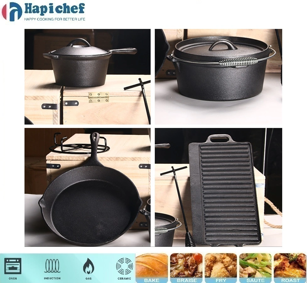 लॉज एनामेल्ड कास्ट आयरन डच ओवन 7PCS Cast Iron Camping Cookware Set