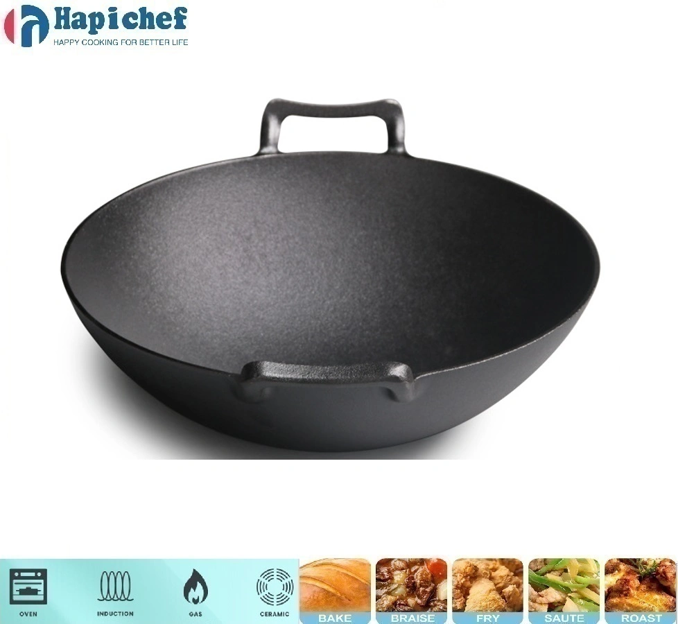 cast iron pot set manufacturer Wood Lid Fully Seasoned Frying Restaurant Kitchen Gas Non Stick Cooking Iron Induction Wok