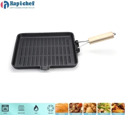 Amazon Hot Selling Bakeware Portable Cast Iron Grill Frying Pan with Wood Handle, Cast Iron Cookware, Cast Iron Casserole