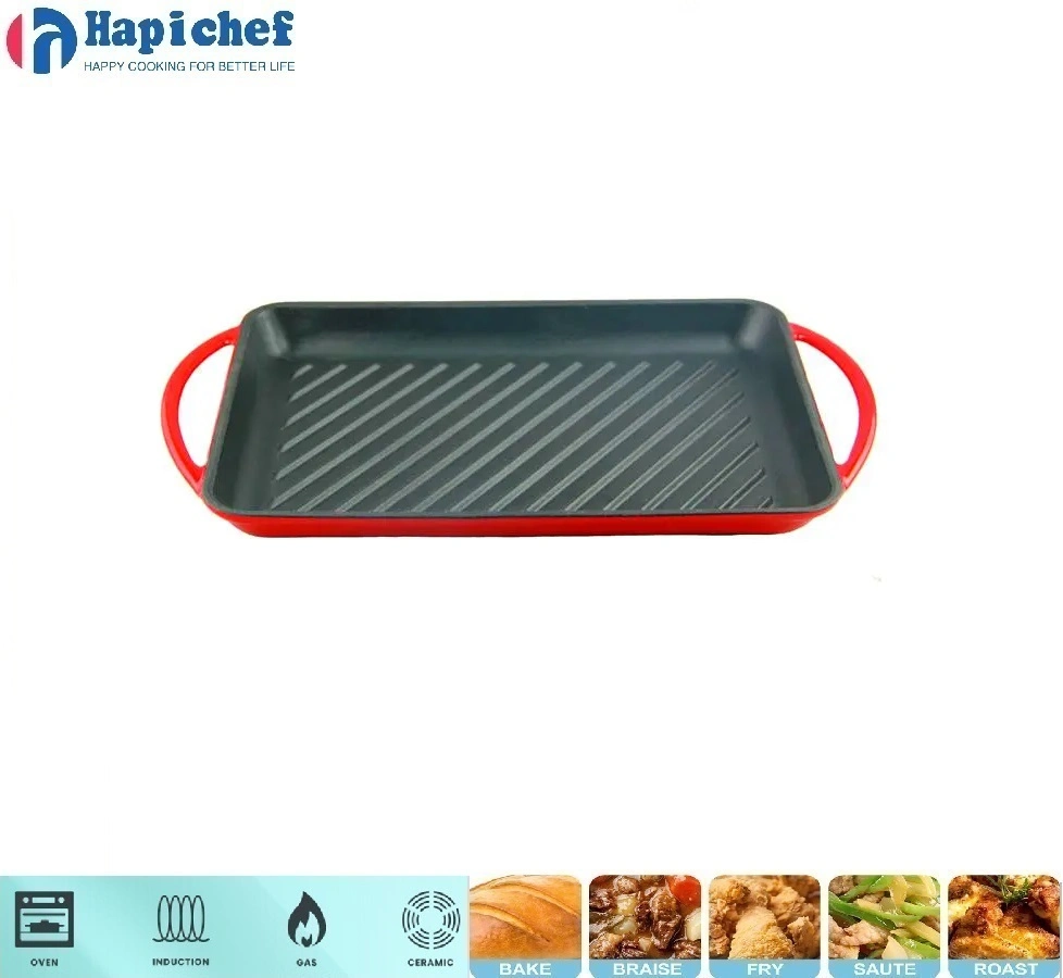 Factory OEM Cast Iron Enamel Cookware Rectangle Griddle Grill Frying Pan