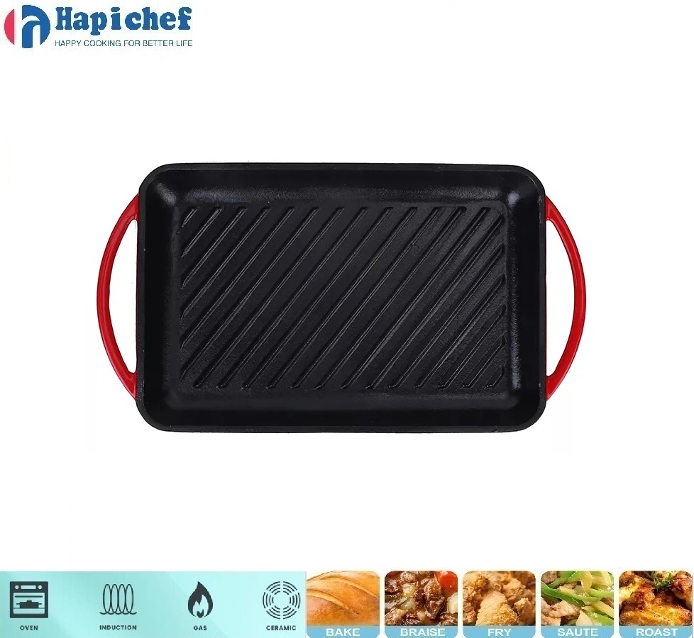 Factory OEM Cast Iron Enamel Cookware Rectangle Griddle Grill Frying Pan