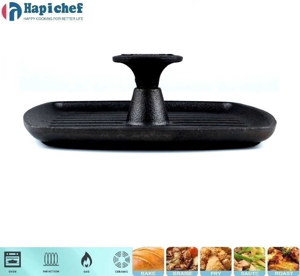 Lodge enameled cast iron oven ហូឡង់ Cast Iron Black Pre-Seasoned Rectangle BBQ Meat Bacon Cooking Press