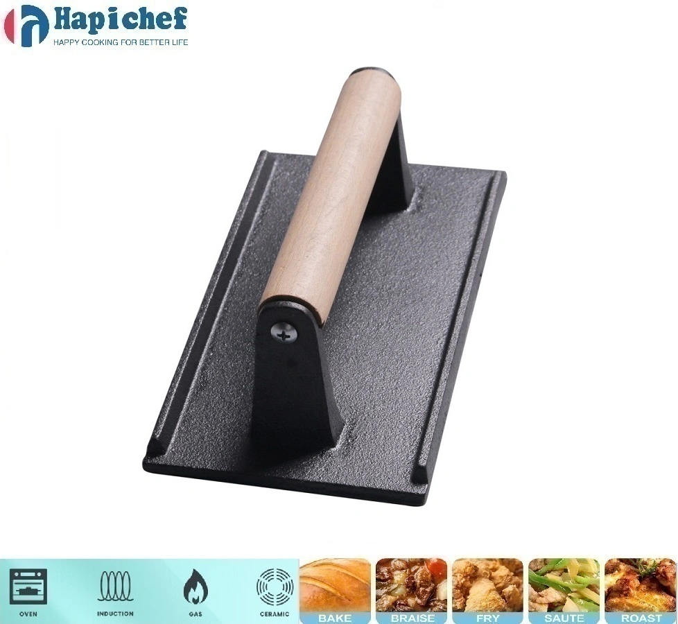 នៅលើតុមានចង្ក្រានដែក High Quality BBQ Cast Iron Rectangle Steak Meat Press Grill Press with Wooden Handle