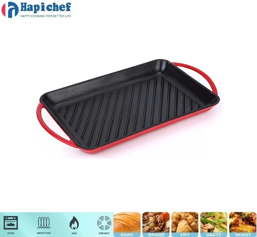 Factory OEM Cast Iron Enamel Cookware Rectangle Griddle Grill Frying Pan