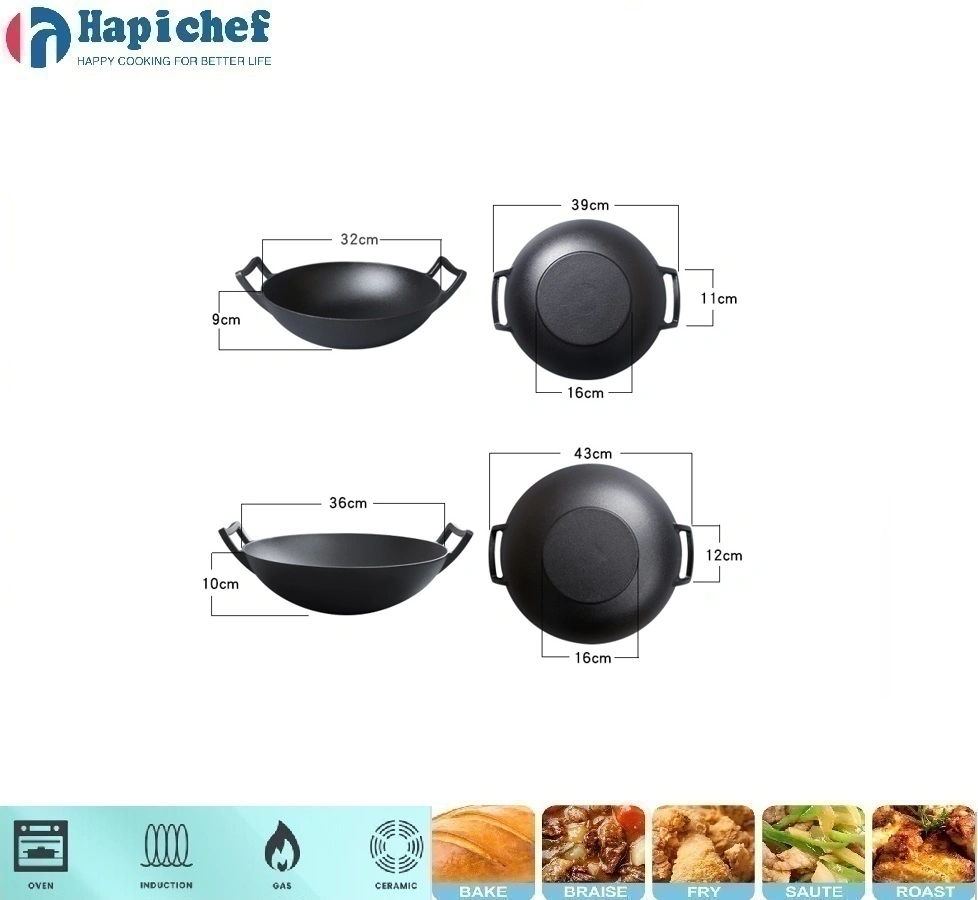 long cast iron griddle exporters Wood Lid Fully Seasoned Frying Restaurant Kitchen Gas Non Stick Cooking Iron Induction Wok