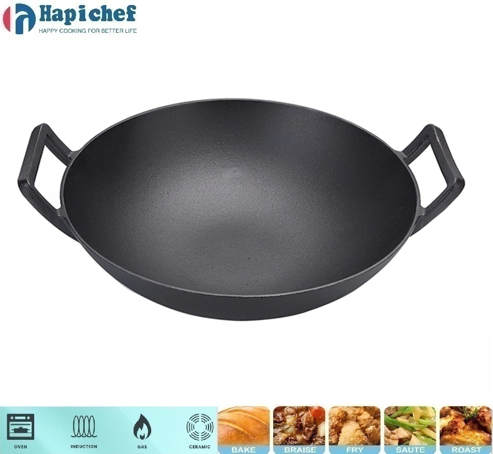 cast iron pot set manufacturer Wood Lid Fully Seasoned Frying Restaurant Kitchen Gas Non Stick Cooking Iron Induction Wok