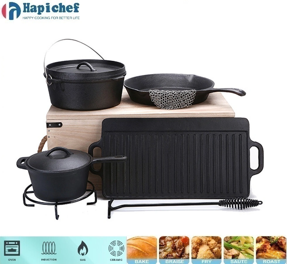 लॉज एनामेल्ड कास्ट आयरन डच ओवन 7PCS Cast Iron Camping Cookware Set