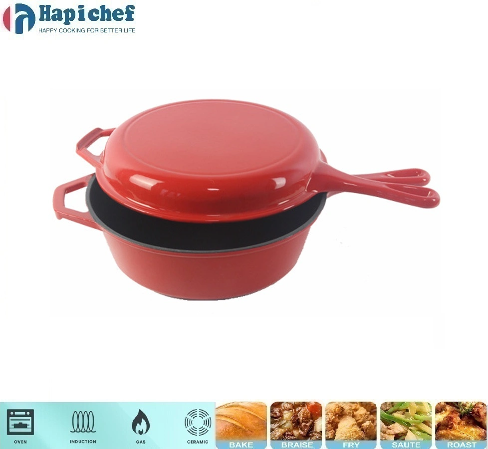 oveni ya Kiholanzi yenye kutu 2 in 1 Cast Iron Double Dutch Oven Combo Cooker, Double Skillet