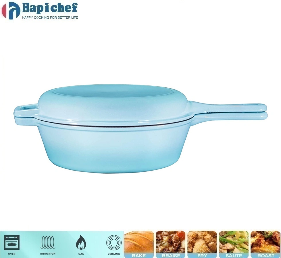 juu ya meza kutupwa chuma tanuri ya Kiholanzi 2 in 1 Cast Iron Double Dutch Oven Combo Cooker, Double Skillet