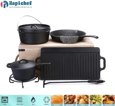 Cast Iron Cookware Camping Cooking Pot Flat Top Griddle Grill Frying Pan for BBQ, Cast Iron Cookware, Cast Iron Casserole