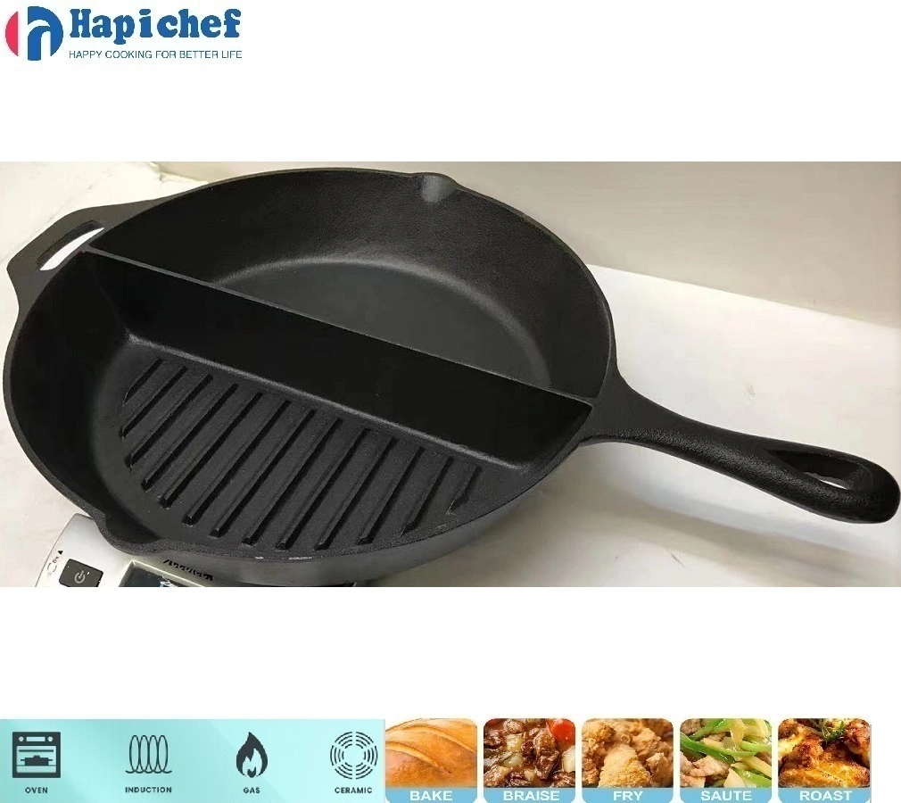 China Factory Cookware Half Griddle Half Pan Cast Iron Pot Frying Pan