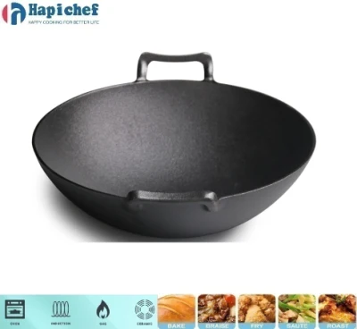 Wood Lid Fully Seasoned Frying Restaurant Kitchen Gas Non Stick Cooking Iron Induction Wok, Enamel Cast Iron Grilldle, Enamel Cast Iron Grill Pan