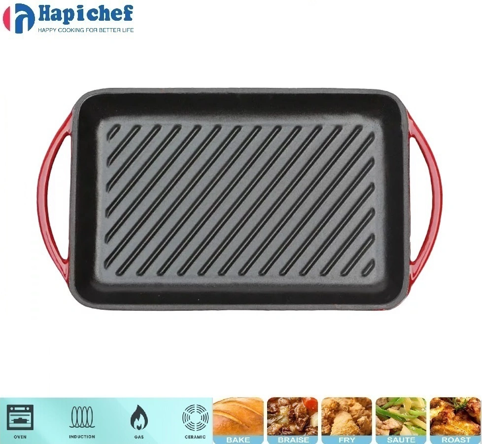Factory OEM Cast Iron Enamel Cookware Rectangle Griddle Grill Frying Pan