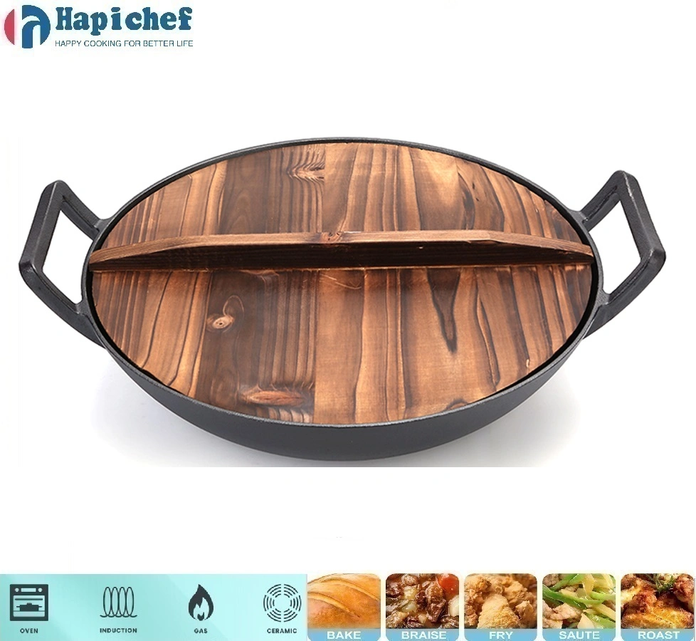 long cast iron griddle exporters Wood Lid Fully Seasoned Frying Restaurant Kitchen Gas Non Stick Cooking Iron Induction Wok