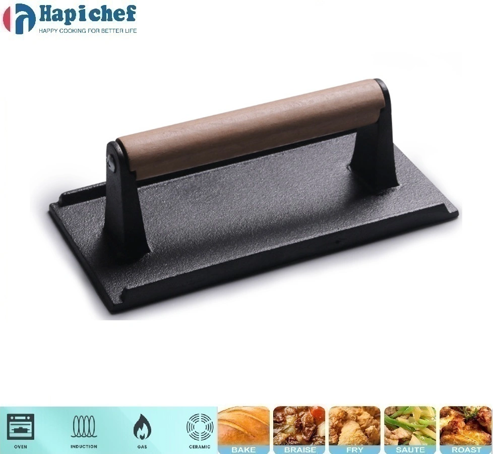 Finex ចង្ក្រានដែកហូឡង់ High Quality BBQ Cast Iron Rectangle Steak Meat Press Grill Press with Wooden Handle