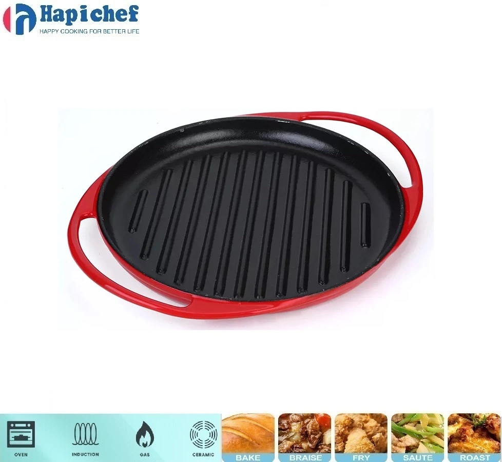 long cast iron griddle factories High Quality Nonstick Round Enamel Cookware Cast Iron Grill Griddle Pan