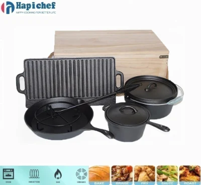 7 Piece Heavy Duty Cast Iron Dutch Oven Pot Set with Vintage Carrying Storage Box for Camping Cooking, Dutch Oven, Oven