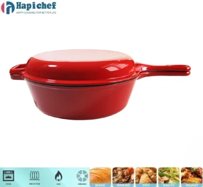 Enameled 2 in 1 Cast Iron Deep Pot with Frying Pan Multi Cooker, Cast Iron Cookware, Cast Iron Casserole