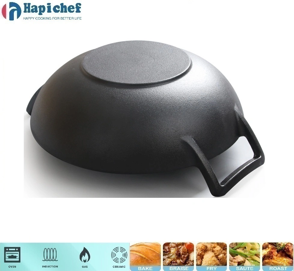 cast iron pot set supplier Wood Lid Fully Seasoned Frying Restaurant Kitchen Gas Non Stick Cooking Iron Induction Wok