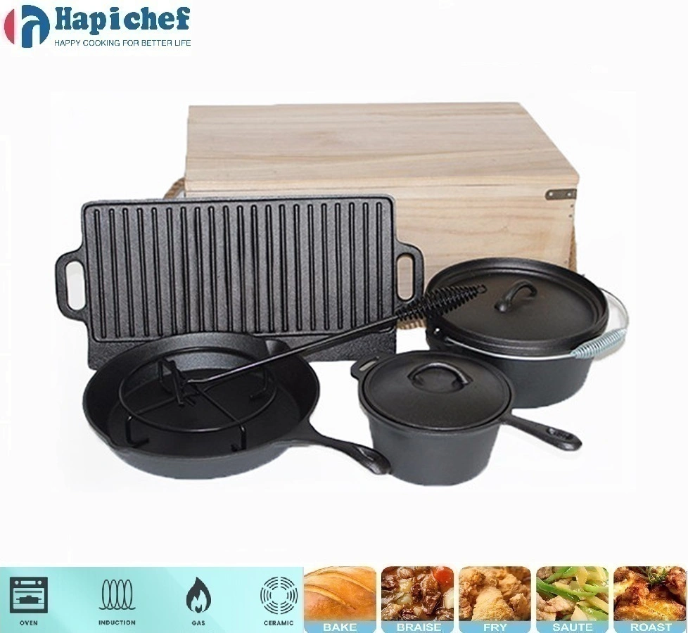 लॉज एनामेल्ड कास्ट आयरन डच ओवन 7PCS Cast Iron Camping Cookware Set