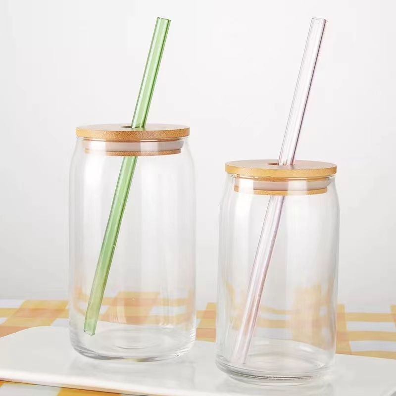 Drinking Glasses with Bamboo Lids and Glass Straw set