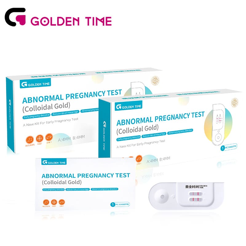Goldentime is a lateral flow, solid-phase immunosorbent device designed to qualitatively detect intact hCG and hCGRP (human chorionic gonadotropin related protein) in urine.